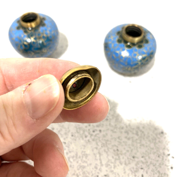 Vintage Brass & Blue Enamel Salt & Pepper Shakers Set Cloisonné Style Roly Poly - Picture 9 of 9